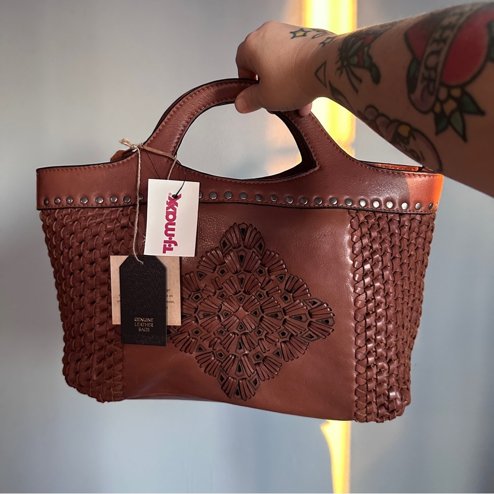 Brown Leather Tote with Woven Design - Picture 1 of 5